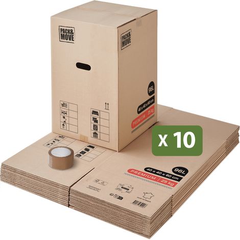 Pack and Move - Lot 10 Cartons Déménagement Premium - 40 X 40 X 60 Cm - Extrême Résistance 30 KG - Réutilisables - Double Épaisseur - Poignées Renforcées - 1 Adhésif Offert (1/5)