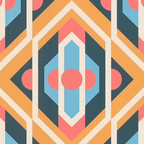 Retro Tapete Profhome 395314 heißgeprägte Vliestapete leicht strukturiert mit geometrischen Formen matt blau ocker-gelb rot creme-weiß 4,5 m2