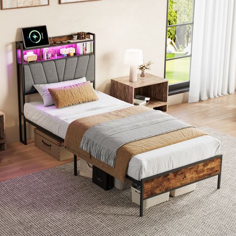 Lit simple 90x200 cm adulte style rustique industriel, tête de lit rembourrée avec LED USB et rangement, structure métallique robuste, Marron et Noir (1/5)