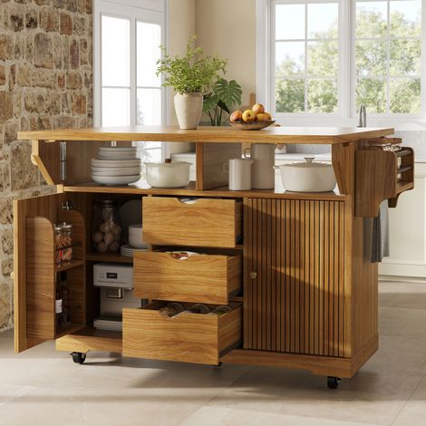 Carro de cocina con extensiones abatibles, 95 cm de alto, 3 cajones, marrón oscuro OKMYHOME (1/5)