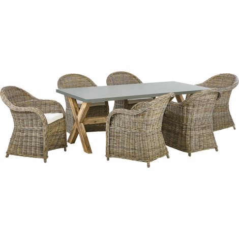 Conjunto de comedor 6 plazas de ratán natural gris madera clara blanco crema hormigón cojines de algodón jardín Susua/Olbia