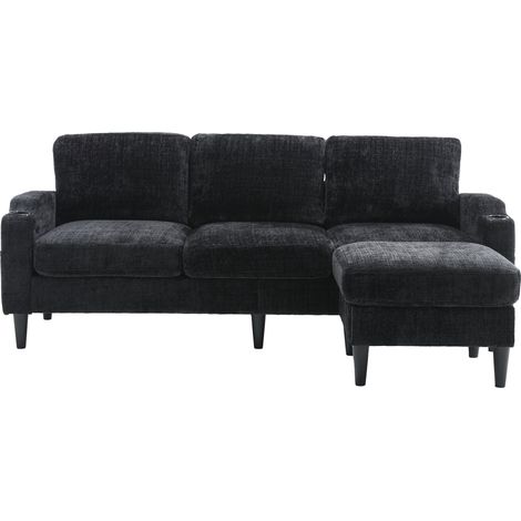 ELVMI Divano Modulare 4 Posti con Pouf Contenitore, Portabicchieri e Tasche Laterali, in Ciniglia Nero (1/5)