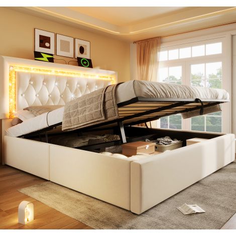 Cama tapizada 160x200 cm con LED en cabecero, estación USB y Type C, arcón hidráulico, terciopelo beige (1/5)