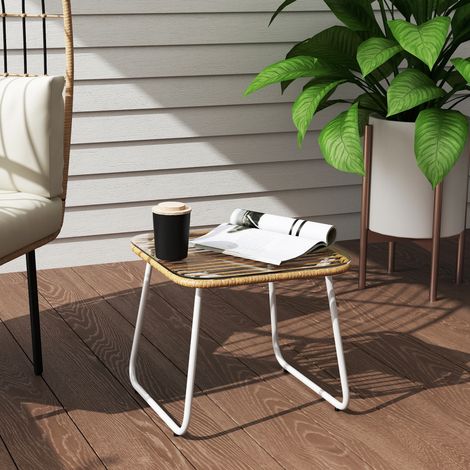 Mesa de Jardín de Ratán Sintético con Encimera de Vidrio Templado y Patas Ajustables para Exterior 50x50x44 cm Natural (1/5)