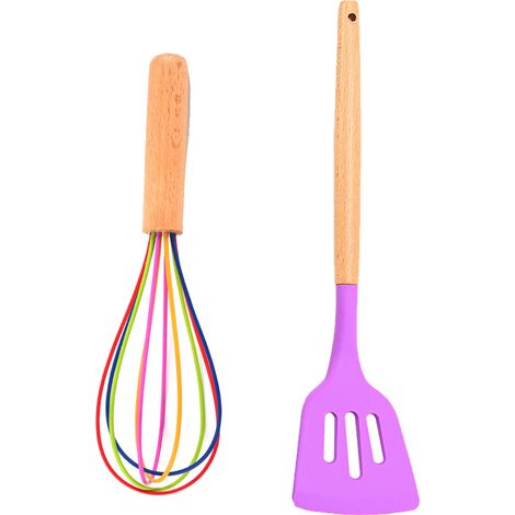 Ustensiles De Cuisine En Silicone - Résistance Haute Température - Manche En Bois Naturel - Set De 2 Pièces (1/5)