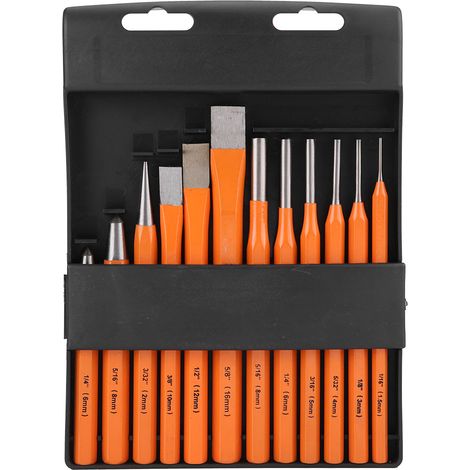 Jeu de 12 outils professionnels de mécanique (poinçons et burins), burins coniques en acier.
