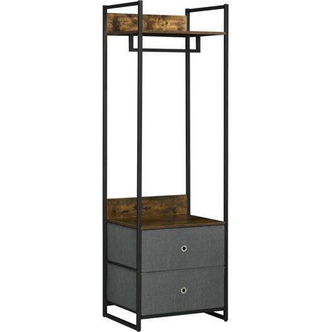 Clothes Rail, Metal Coat Stand, Garment Rack with 2 Fabric Storage Drawers, Single Wardrobe for Bedroom, Hallway, Rustic Brown and Grey