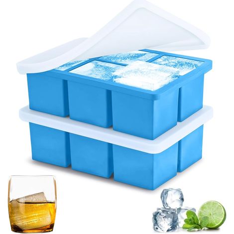 Cubitera de silicona de 5 cm de diámetro, con capacidad para 6 cubitos, ideal para whisky y otras bebidas. Tapa incluida (juego de 2, azul). (1/5)
