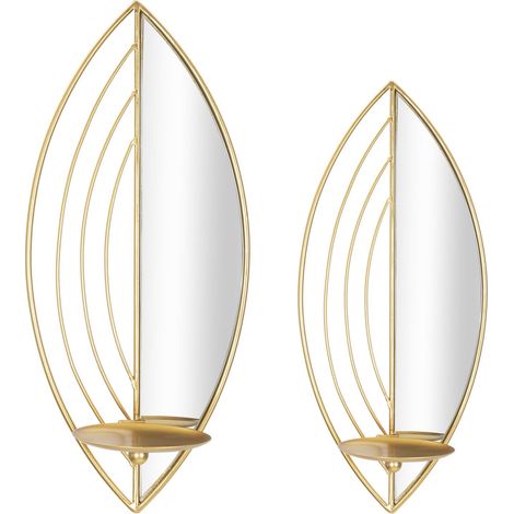 Set 2 portacandele da muro Leaf in ferro dorato e specchio CM 18x13x41 e 15x13x35