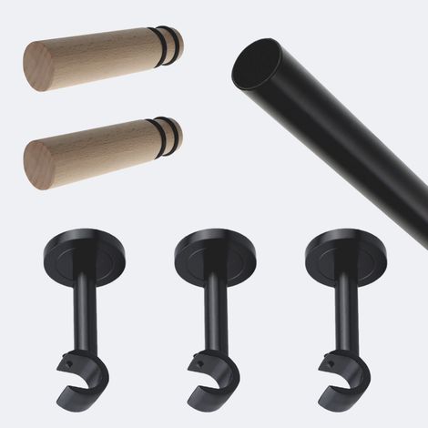 Kit de tringle à rideaux Noir Mat 250cm Diam.20mm Embout Cylindre Bois - Fixation Mur - Boulet (1/3)