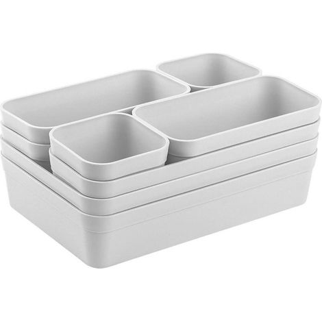 jeu d’organiseurs de tiroirs, boîte de rangement, système de séparation unique, réglable, pour ustensiles, espace de rangement, convient au salon, à la salle de bain, en plastique, gris clair (1/5)