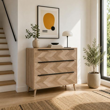 Commode 3 tiroirs décor bois motif chevron ALVA (1/4)