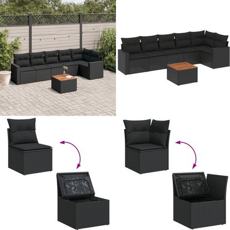 7-tlg. Garten-Sofagarnitur mit Kissen Schwarz Poly Rattan - Gartenmöbel Set - Esszimmergarnitur - Outdoor Möbel - Lounge Set - Balkonmöbel - Home & Living (1/5)