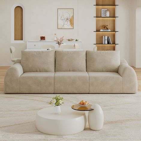 Canapé 3 places droit, canapé en tissu chenille kaki, canapé modulable sans cadre, mousse haute élasticité, livré compressé sans montage, 257 × 95 × 85 cm, pour salon, chambre et appartement
