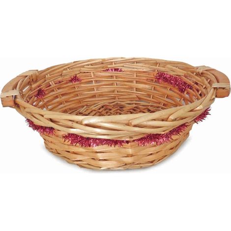 Cesto rotondo in vimini miele con ghirlanda rossa, Ø32H10 cm (kit da 10)