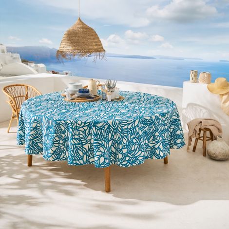 Nappe ronde en coton enduit feuillage abstrait Bleu 170x170 cm