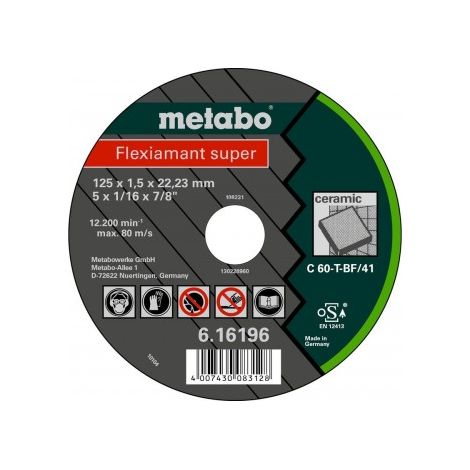 Metabo 616196000 Disco de tronzar plano amoladora angular Flexiamant Super C60-T para cerámicos 125x1x22,23 mm (Envase 25 Ud)