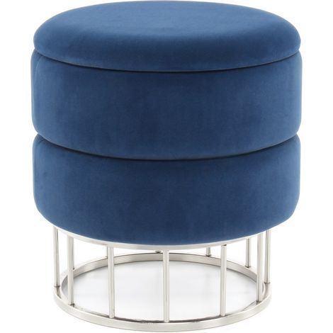 Pouf contenitore Zero in velluto blu e acciaio argento (1/3)