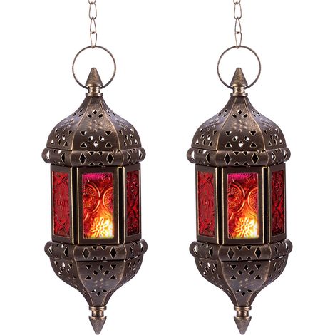Lot de 2 lanternes marocaines suspendues en métal et verre – Lanternes décoratives marron pour bougies (salon, balcon, terrasse) – Décoration pour Ramadan, Halloween et Noël (1/5)