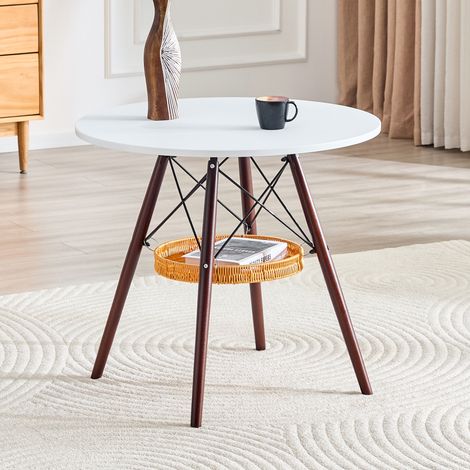 Tavolino rotondo Ø80 cm, 2-4 posti a sedere, in MDF bianco e legno di noce (1/5)