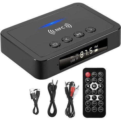 Récepteur/émetteur Bluetooth 5.0, radio FM stéréo, AUX, prise jack 3,5 mm, sortie sans fil RCA, NFC, adaptateur audio Bluetooth. (1/5)