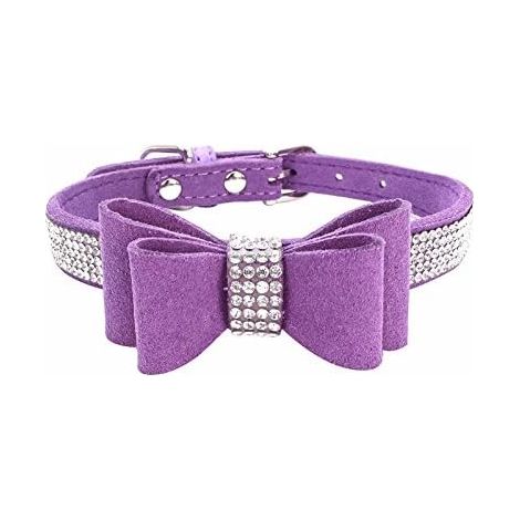 Collier pour petit chien avec nœud en strass et strass - Violet foncé - Taille XS (1/3)