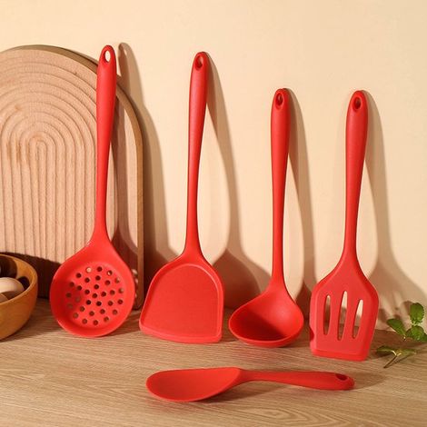Juego de 5 utensilios de cocina de silicona - Rojo, resistentes al calor, antiadherentes y aptos para lavavajillas, para cualquier olla. (1/5)