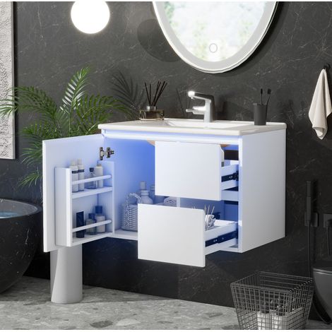 Mobile bagno sospeso 76x46x50 cm, lavabo integrato, illuminazione a sensore radar, due cassetti, MDF e ceramica bianco (1/5)