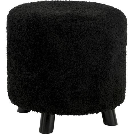 Pouf mouton noir pied polyester confort doux salon - Noir effet mouton bouclé (1/3)