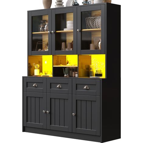 Buffet de cuisine haut avec LED, portes acryliques, 3 tiroirs, étagères réglables et sécurité anti-basculement, meuble de rangement noir - CHICFURN (1/5)