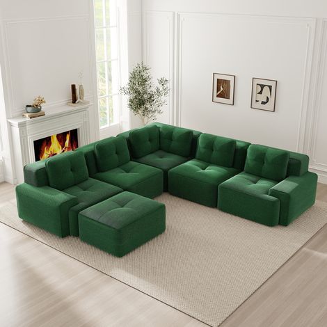 Divano angolare modulare verde in velluto a coste, seduta profonda 74 cm e base antiscivolo (1/5)