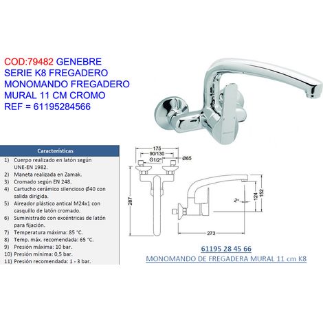 Rubinetto lavabo monocomando a parete Genebre Faucet K8 11 cm CR61195284566