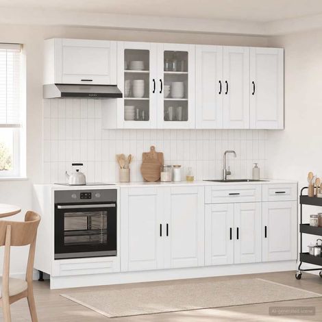 Meuble de cuisine 8 pièces avec rangements blanc brillant en bois d’ingénierie - PANGIVO (1/5)
