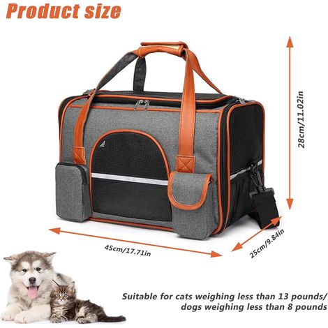Sac de Transport pour Chat, 45x28x25cm Sac à Dos Transport Portable pour Chiens Voyage, Pochette pour Chats avec Tapis en Flanelle pour Animaux Tissu de Maille Respirant Convient Jusqu'à 7KG - Gris (1/5)
