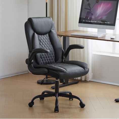 Silla de Oficina Ergonómica, Soporte Lumbar, Reposabrazos Abatibles, Asiento con Muelles, Piel Negra (1/5)