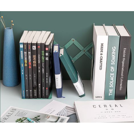 Serre-livres métallique vert champignon extensible et pliable support à livres pour rangement de bureau et étagère usage étudiant classe chambre (1/5)