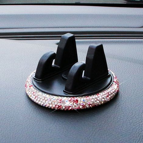 Support de téléphone pour voiture avec décor de strass (petits diamants), design mignon : compatible avec écrans horizontaux/verticales, pour console centrale, support de navigation, couleur rose (1/5)