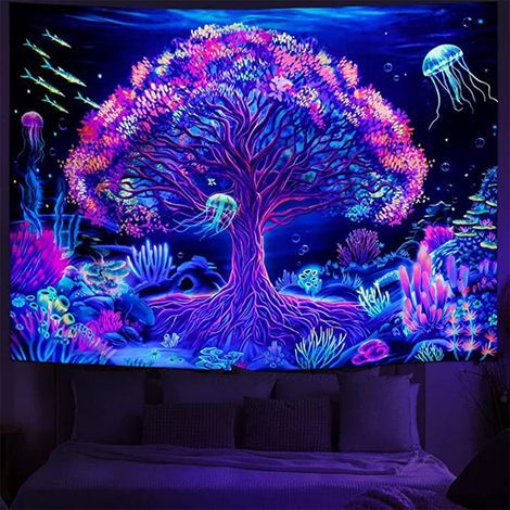 CSPARKV 150X130cm Fluorescent Tree Tapestry, Blacklight Tree Forest Fairy Tapestry Backdrop Wall Art Decor UV Black Light Reflective Tapestry for Bedroom Party (1/5)