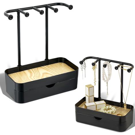 1 Espositore organizer per gioielli, porta collane con vassoio in legno, supporto per collane, ganci per riporre gioielli come collane (Nero - Doppio) (1/5)