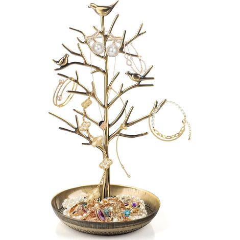 Multi-Branches Arbre à Bijoux, Porte-Bijoux avec Socle Bambou, Présentoir à Bijoux en Metal, Etagère à Bijoux en Forme de Arbre à Oiseaux (1/5)