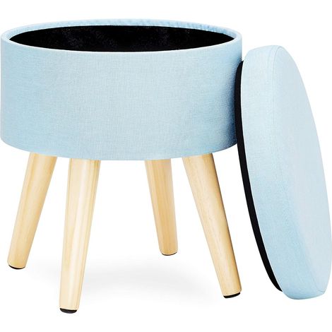 MINKUROW Pouf Poggiapiedi Rotondo Sgabello Pouf Contenitore Sgabelli In Tessuto Di Lino Con Coperchio Basso Design Soggiorno Gambe In Legno Massello Blu (1/5)