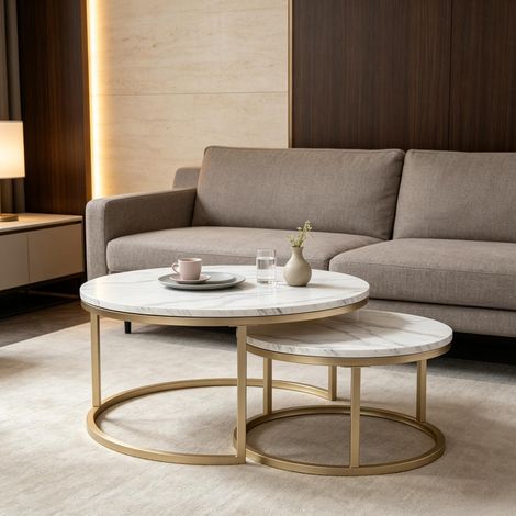 Couchtische rund 80/60 cm in Weiß mit Marmoroptik, 2er-Set aus MDF und Metall (1/5)