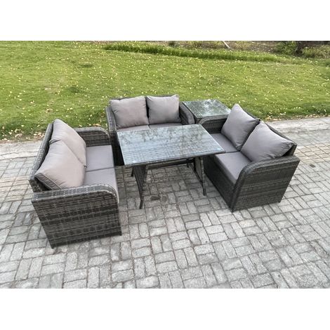 Fimous Rattan Garden Furniture Set 6 Seater Patio Outdoor Love Sofa Set with Rectangular Dining Table Side Table Dark Grey Mixed (1/5)