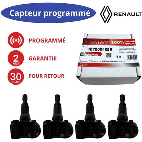 Pacchetto di 4 sensori TPMS programmati 433 MHz per Renault Megane III / Scenic III / Zoe / Fluence / Laguna III / Latitude