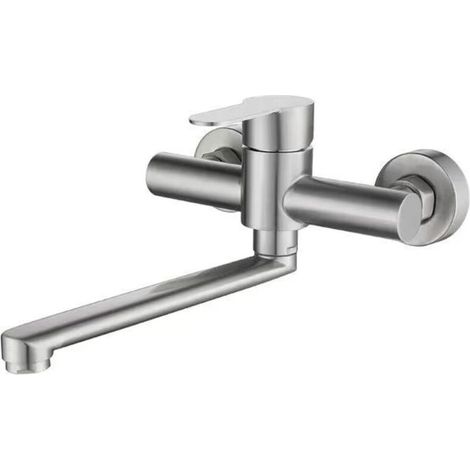 Robinet Mural Cuisine, Mitigeur Mural Inoxydable, Pivotant à 360° pour Évier de Cuisine, Eau Chaude et Froide, Trous de Montage Réglables, Bras Pivotant 23cm, Brossé