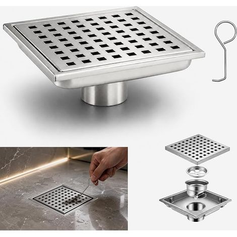 Caniveau de Douche Carré en Acier Inoxydable Siphon à 360° Anti-Odeurs, 2 en 1 Caniveau de Douche à Carreler, 15 x 15 Cm Drain de Sol pour Salles de Bains (Modèle 3) (1/5)