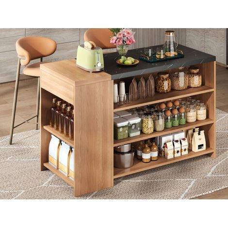 Modernluxe - Îlot central de cuisine avec 1 tiroir, rangement effet bois et marbre - naturel et noir (1/5)
