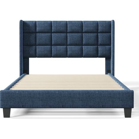 Letto matrimoniale imbottito blu 140x200 cm con rete a doghe e testiera alta in lino (1/5)