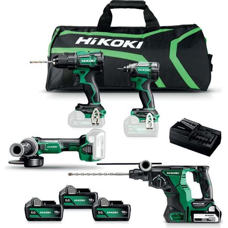 Hikoki – Pack de 4 outils électroportatifs 18V – 3 batteries 5Ah – Moteur Brushless – Perforateur, perceuse, meuleuse, visseuse à chocs