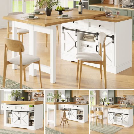 Îlot de cuisine multifonctionnel avec table à manger, armoire latérale avec tiroirs cachés, panneaux rotatifs à 360°, porte d'armoire de grange, table de salle à manger 2 en 1 pour îlot de cuisine (1/5)